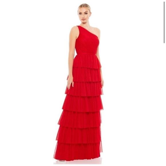 Ieena for Mac Duggal Red One Shoulder Mesh Tiered Gown Maxi Dress 49102 Size 2 - Picture 1 of 10